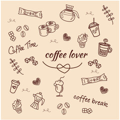 doodle hand-drawing coffee and food set.Drink vector design