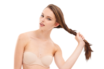 Hair, natural beauty and portrait of a woman with shine, strong and straight hairstyle. Female person for self care, makeup or hairdresser shampoo treatment isolated on a transparent, png background