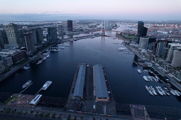 Aerial shot of Docklands Harbour during the sunrise in Melbourne, Australia