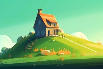 Obraz na płótnie Canvas A skewed cartoon house in a green meadow. Generative AI