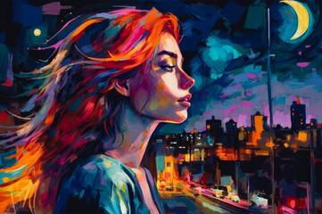 A drawing portrait of an attractive girl with colourful long hair standing at night sky with the moon in night city. Created with Generative AI, no one recognisable. Not a real person.