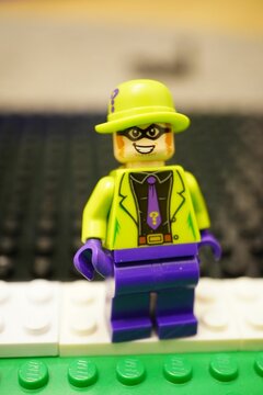 Closeup of a Lego city the Riddler minifigure toy