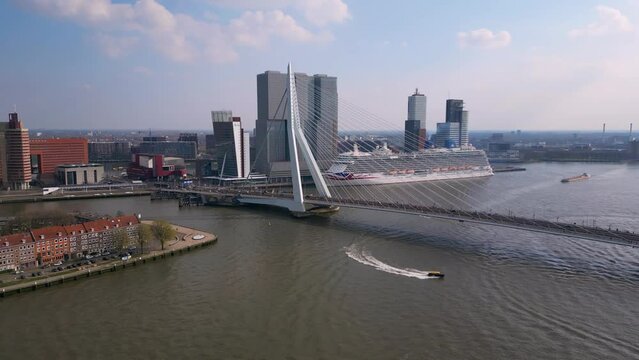 Aerial view of Erasmusbrug (Erasmus Bridge) in Rotterdam, Netherlands