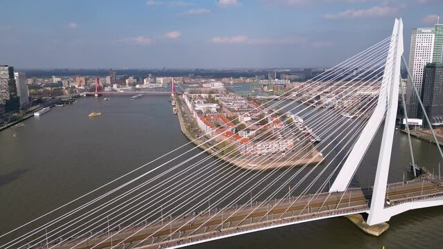 Drone view of Erasmusbrug (Erasmus Bridge) in Rotterdam, Netherlands