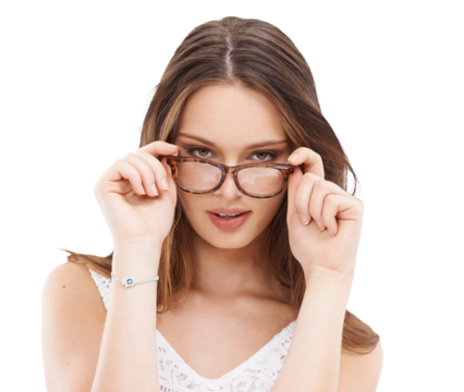 Woman, flirting eyes and glasses in portrait for vision, beauty or designer frame by transparent png background. Isolated girl, model or young student for prescription lens, eye health and reading
