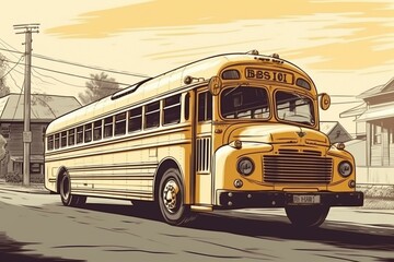 Plakat yellow school bus in retro style. Generative AI