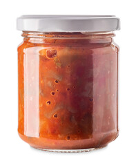 Sauce with vegetable and tomato mix for side dishes and condiments in glass jar