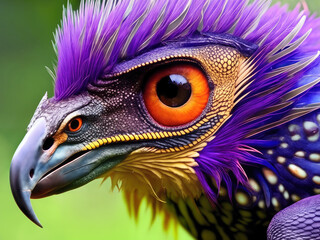 close-up image of a purple bird of prey with sharp eyes and feathers. The mystical and magical creature looks fierce and powerful. Mystical and magical wildlife.  Generative AI