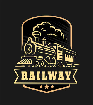 Retro train, vintage emblem on black background.