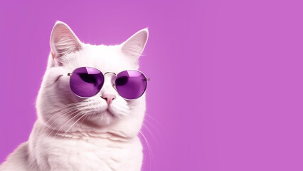 Cat in sunglasses, on a purple background. Generative AI - obrazy, fototapety, plakaty