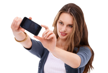 Woman, selfie and fashion with smile, beauty and confidence for blog by transparent png background. Isolated girl, gen z model and photography for profile picture on social network app with happiness