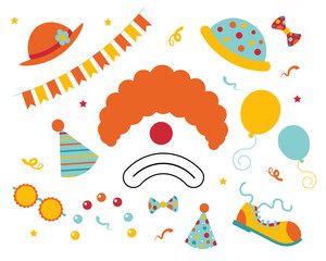 A poster for a birthday party called clown. Sad circus clown face set. 