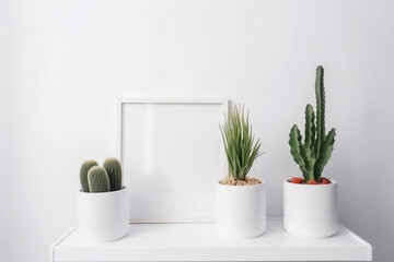 white mockup and flowers in white pots near a white wall. AI Generated