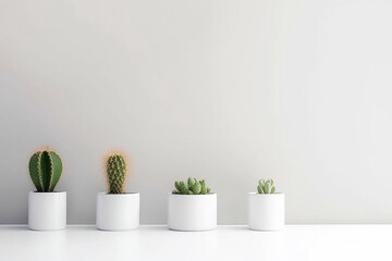 different cacti on the table. minimalist light design. AI Generated