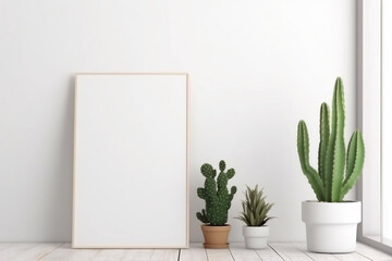 white mockup and cacti in pots on the table near the white wall. AI Generated