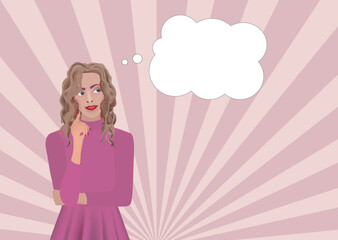 Woman in pink blouse thinking. vector