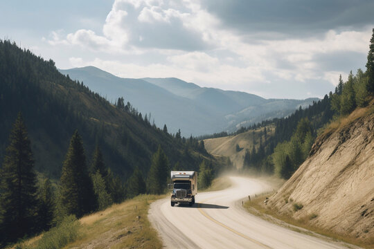 the truck rides on a beautiful mountain road. cargo delivery. AI Generated
