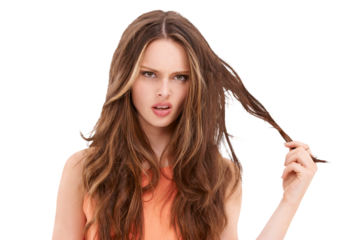 Portrait, frustrated and messy hair with a woman isolated on a transparent background for shampoo treatment. Face, haircare and frizzy with an unhappy female customer at the salon for repair on PNG