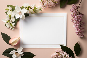 Empty horizontal blank of paper top view mockup with pink and white blossom flowers on blush table. Flat card and bloom spring floral for template of invitation, greeting, birthday. Generative AI - 595067340