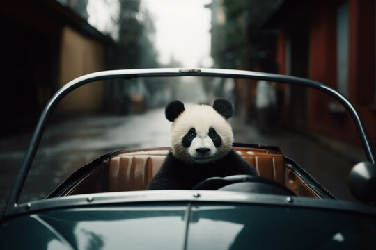 Photo of panda bear driving a convertible car. Animal influencer.