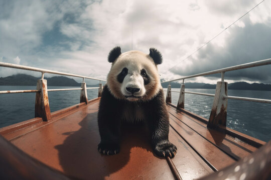 Photo of panda bear at a yatch deck. Animal influencer.