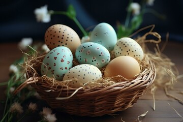 Naklejka na ściany i meble eggs in a basket,easter eggs in a basket, Easter Greetings. Generative AI