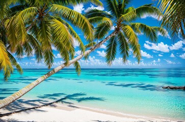 Naklejka na ściany i meble Azure beach with white sand turquoise water and palm trees banner Generative AI
