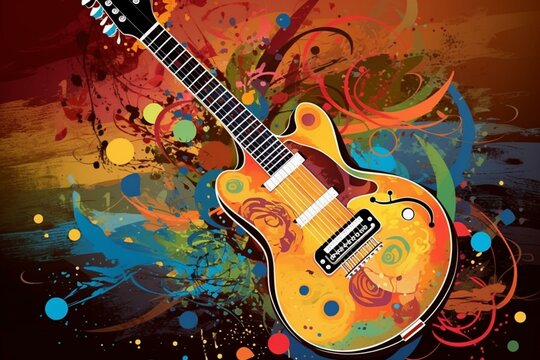 Abstract colorful guitar picture. Digital illustration. Ready to poster usage. Generative AI