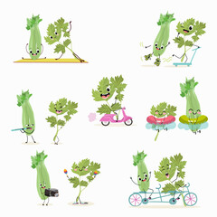 Illustration vector set, collection with funny characters celery, parsley.  Funny and healthy food. Vitamins, cute face food, ingredients, vegetarian, vector cartoon,Seasoning, salad ingredients.