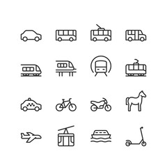 Urban transport, linear style icons set. Public transportation. Car, bus, train, subway, motorcycle, motor ship, bicycle, cable car. Editable stroke width