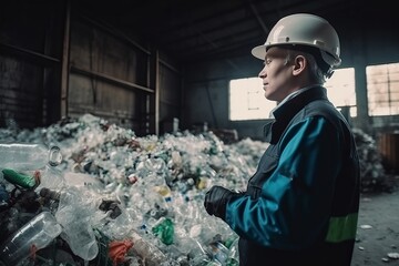 Foreman controls the recycle waste separation of recyclable waste plants. Waste plastic bottles and other types of plastic waste. Generative AI