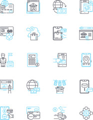 Currency linear icons set. Exchange, International, Trade, Digital, Valuation, Fiat, Transfer line vector and concept signs. Reserve,Conversion,Coinage outline illustrations
