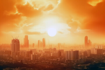 Fototapeta premium Global warming. Extreme heat in the city. Hazy orange sky over the cityscape. Generative AI