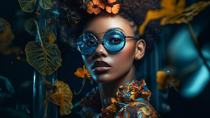Portrait of fashion model with 1960's bespoke sunglasses, flower motif, hippie chic.