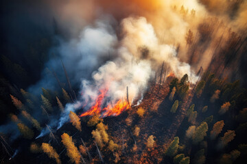 Fototapeta na wymiar Devastation from Above: Aerial View of Forest Fire on Mountain. Generative Ai