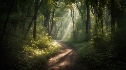 A serene image of a quiet forest path, with sunlight filtering through the trees.