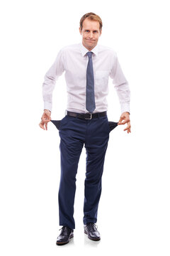 Business man portrait, empty pockets and finance crash with bankruptcy from investment. Poor, broke and corporate banking issue with debt of businessman isolated on a transparent png background