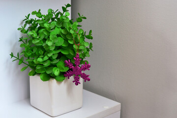 Vase with green flowers. purple snowflake