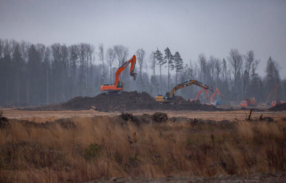 Ust-Luga, Leningrad oblast, Russia - November 16, 2021: Groundworks of ground flattening for construction site