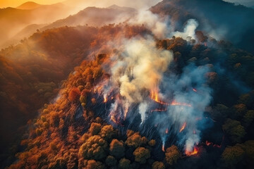 Devastation from Above: Aerial View of Forest Fire on Mountain. Generative Ai