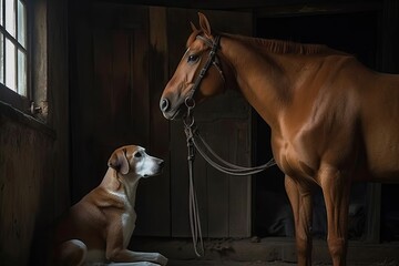 Horse and dog in the stable. Generative AI