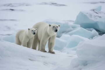 Obraz na płótnie Canvas Polar bear with cub on an icefield in Svalbard - Generative AI