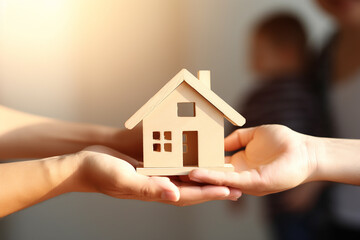 Fototapeta na wymiar Hands holding cute little wooden house. Home concept. Generative ai