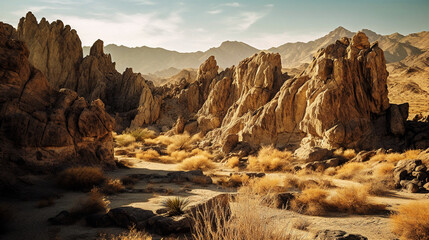 A Landscape of a Desert Canyon with Towering Rock Formations - generative AI