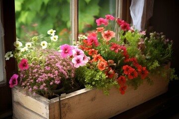 Window flowers in the box. Generative AI