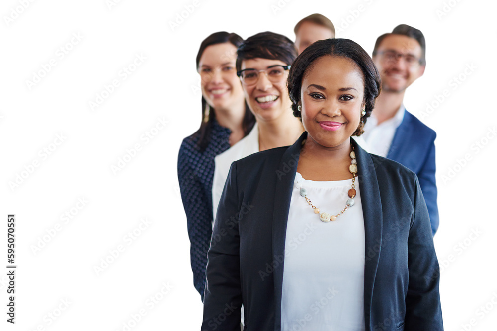 Poster portrait, collaboration and business people in a row isolated on a transparent background for corpor