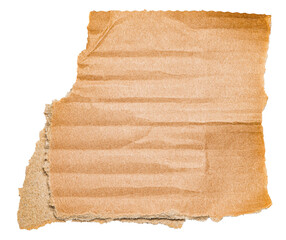 Isolated single piece of corrugated crumpled ripped blank brown cardboard paper with sharp torn edges
