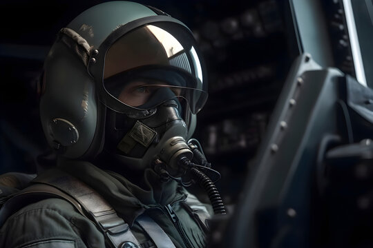 Military pilot in a helmet in the cabin, war in Ukraine, Generative AI 2