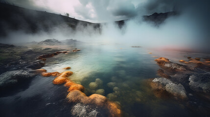 A fascinating image of a geothermal hot spring, with vibrant colors created by minerals and algae, and steam rising from the water, enveloping the scene in a mystical haze