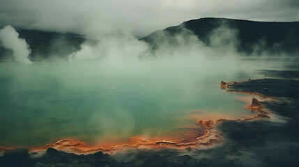 A fascinating image of a geothermal hot spring, with vibrant colors created by minerals and algae, and steam rising from the water, enveloping the scene in a mystical haze